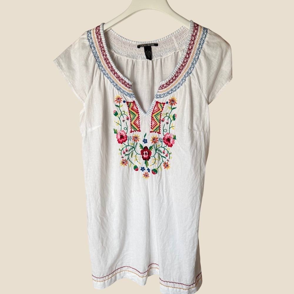 Lucky Brand White Linen Cotton Floral Embroidered Peasant Dress, L
